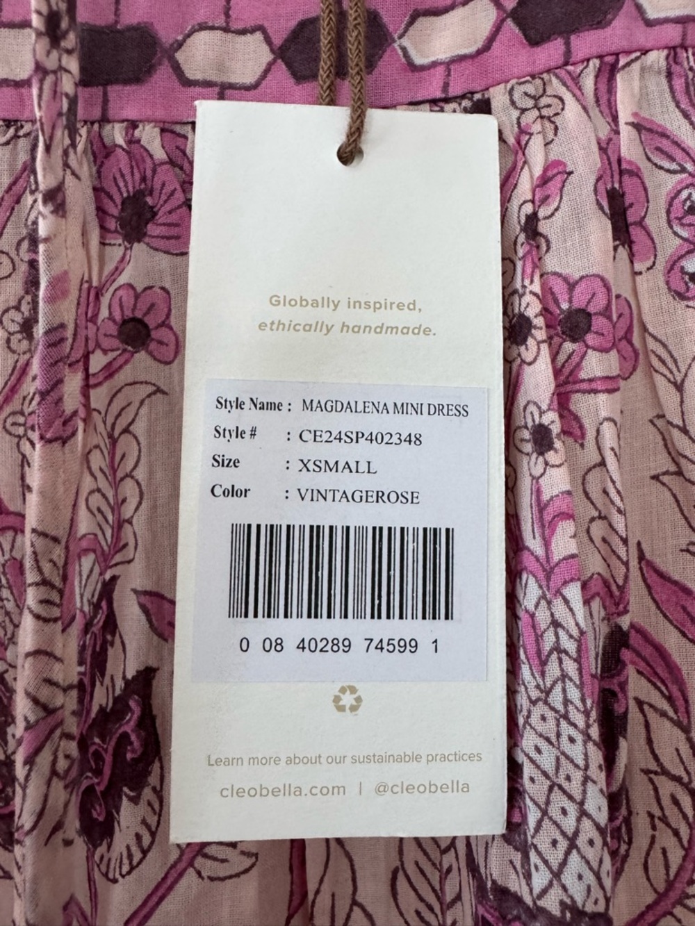 NWT CLEOBELLA Magdalena Vintage Rose Pink Mini Dress Size Small Organic Cotton - Picture 5 of 8